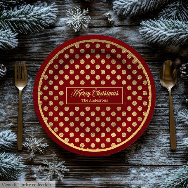 Personalized Holiday Paper Plates Red & Gold Dots Pappteller (Personalized Holiday Paper Plates Red & Gold Dots)