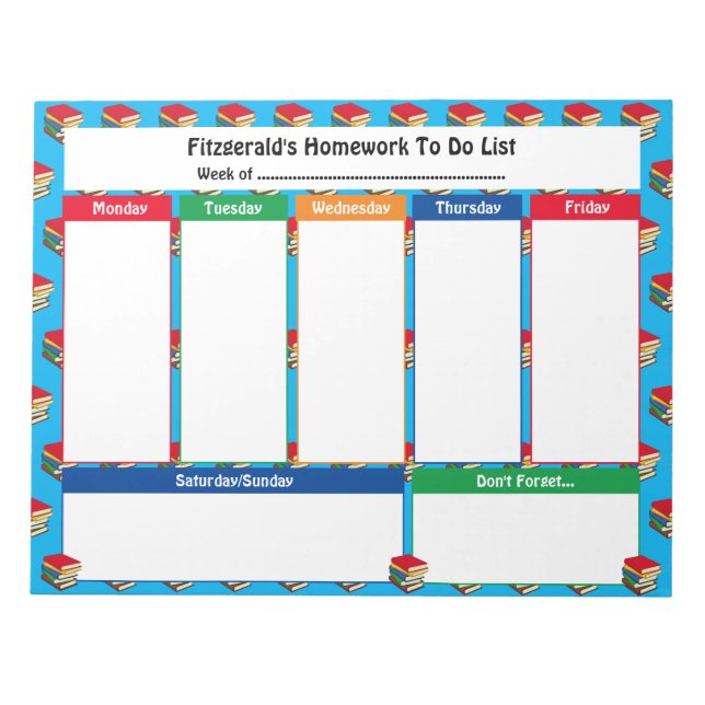 Personalized HOMEWORK TO DO LIST BOOKS Notizblock (Vorderseite)