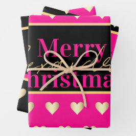 Personalized Hot Pink Black Gold Heart Christmas Geschenkpapier Set
