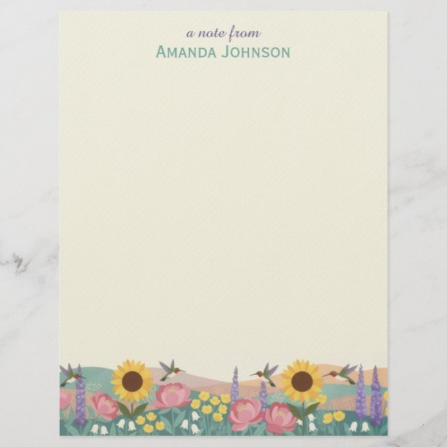 Personalized Hummingbird Flower Field Custom Name Briefbogen (Vorderseite)