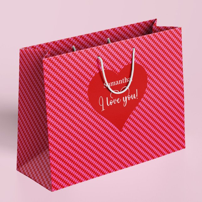 Personalized I Love You Pink Hearts Valentine  Große Geschenktüte (Make every Valentine’s gift unforgettable with this pink and red hearts personalized gift bag, )