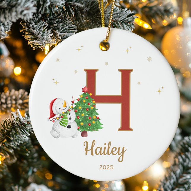 Personalized Initial Letter Custom Name Snowman Keramik Ornament (Von Creator hochgeladen)