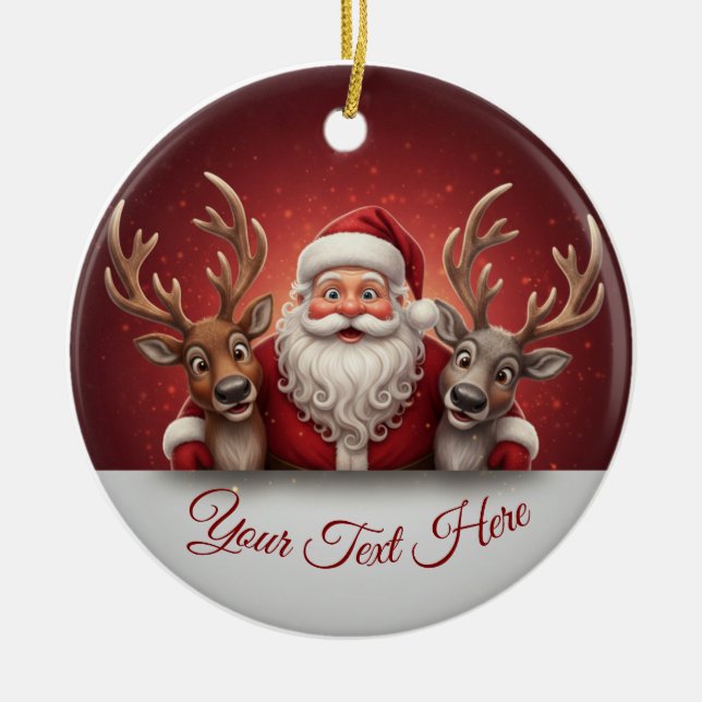 Personalized Jolly Santa Claus & Reindeer Trio  Keramik Ornament (Vorne)
