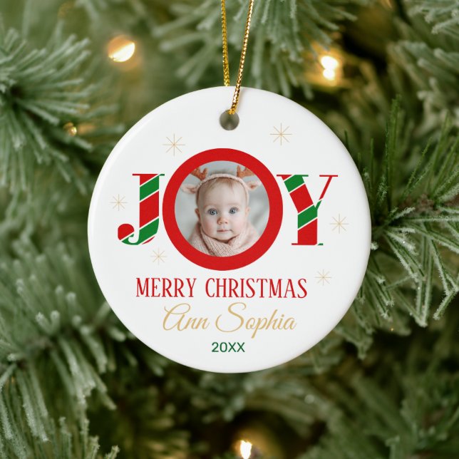 Personalized Joy Christmas Photo Keramik Ornament (Baum)