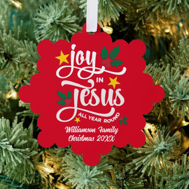 Personalized JOY IN JESUS Christian Christmas RED Ornament Karte (Insitu (Baum))