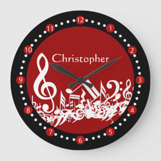 Personalized Jumbled Musical Notes White on Red Große Wanduhr
