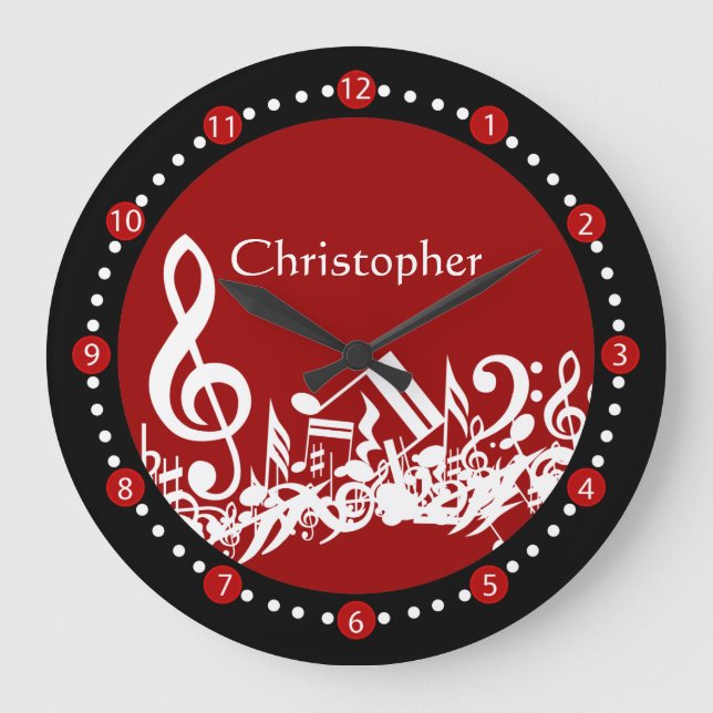 Personalized Jumbled Musical Notes White on Red Große Wanduhr (Vorderseite)