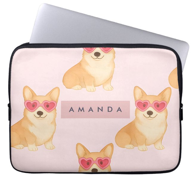 Personalized Kawaii Corgi with Heart Sunglasses Laptopschutzhülle (Vorderseite)