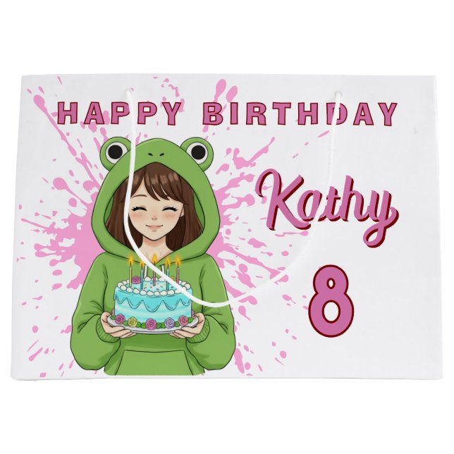 Personalized Kawaii Frog Hoodie Girl Birthday Große Geschenktüte (Vorderseite)