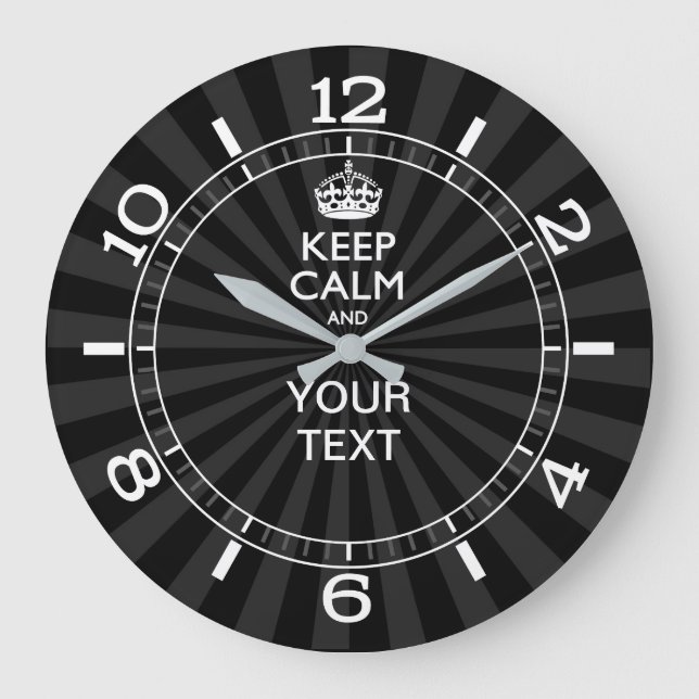 Personalized KEEP CALM your text Black Dial Große Wanduhr (Vorderseite)