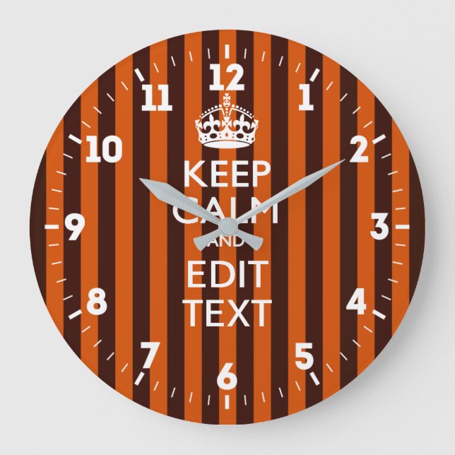 Personalized Keep Calm Your Text on Orange Stripes Große Wanduhr (Vorderseite)