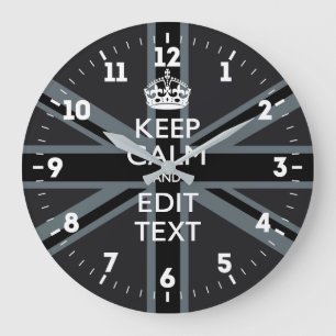 Personalized Keep Calm Your Text UK Flag Black Große Wanduhr