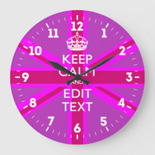 Personalized Keep Calm Your Text UK Flag Pink Große Wanduhr