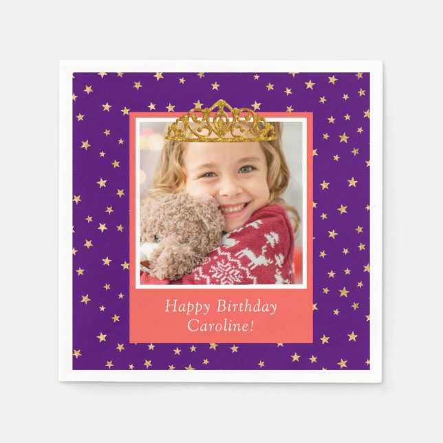 Personalized Kid Photo Happy Birthday Gold Crown Serviette (Vorderseite)