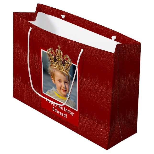 Personalized Kid Photo Happy Birthday King Crown Große Geschenktüte (Vorderseite Schrägansicht)