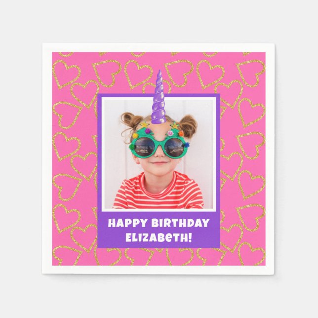 Personalized Kid Photo Happy Birthday Unicorn Serviette (Vorderseite)