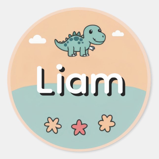 Personalized Kids Name Sticker– Cute Dinosaur  Runder Aufkleber (Vorderseite)