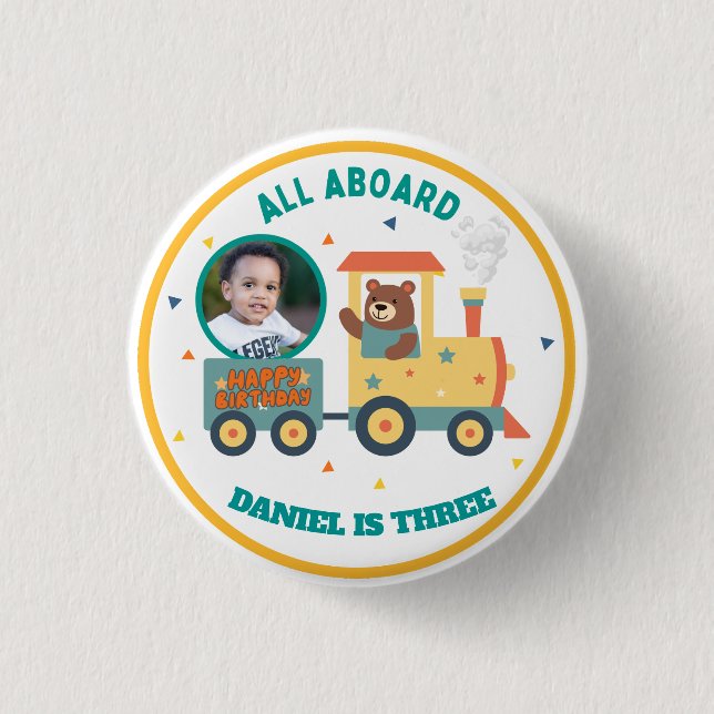 Personalized Kids Train Birthday Photo  Button (Vorderseite)