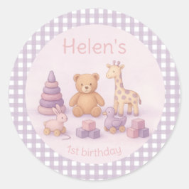 Personalized Lavender Gingham 1st Birthday  Runder Aufkleber
