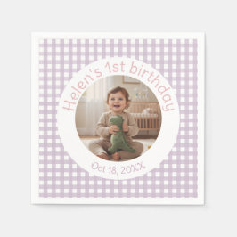 Personalized Lavender Gingham Birthday Photo Serviette