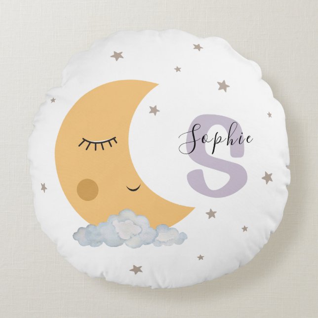 Personalized Lavender Moon Nursery Pillow Custom Rundes Kissen (Vorderseite)