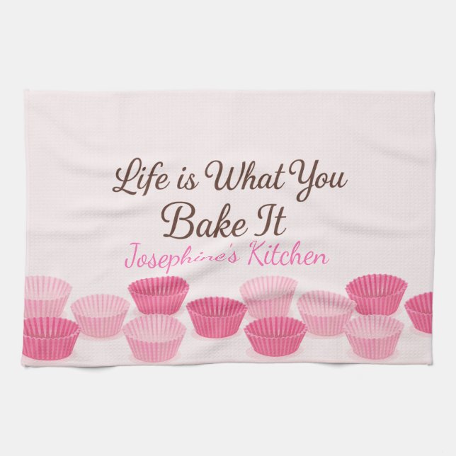 Personalized Life Is What You Bake It Cute Trendy Geschirrtuch (Horizontal)