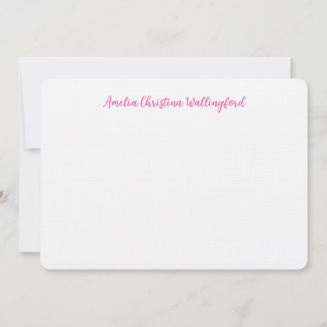 Personalized Linen Flat Note Card White and Pink Mitteilungskarte (Vorderseite)