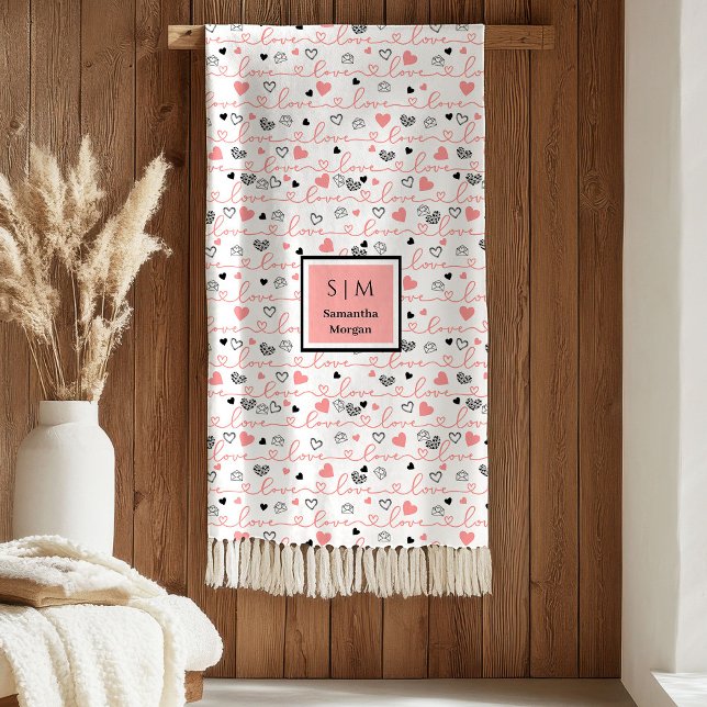 Personalized Love Gift Blanket Pink Black Hearts Fleecedecke (Personalized Love Gift Blanket Pink Black Heart Art)