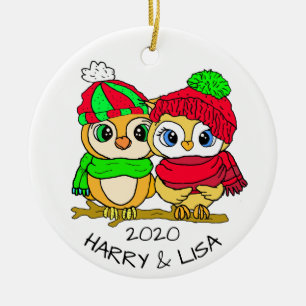 Personalized Lovebirds Owls Christmas Keramik Ornament