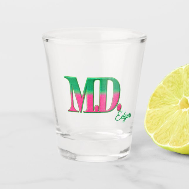 Personalized 'M.D.' Pink and Green Shot Glass  Schnapsglas (Vorderseite)