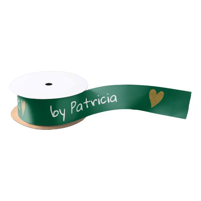 Personalized Made With Love Green And Gold Heart   Satinband (Spule)