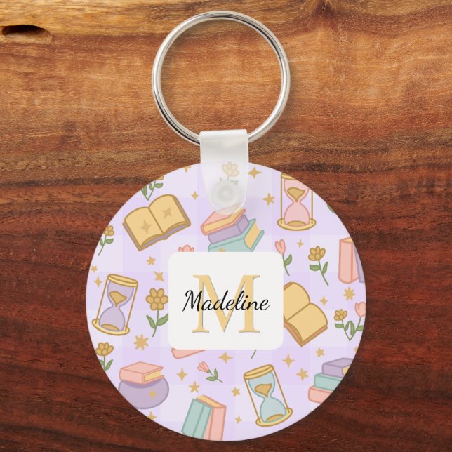 Personalized Magic Books Girl Wizard Name Purple  Schlüsselanhänger (Vorderseite)