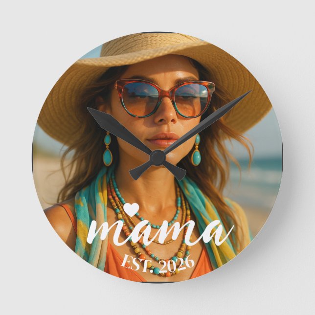 Personalized Mama Est Year Custom Gift For Mommy Runde Wanduhr (Vorderseite)