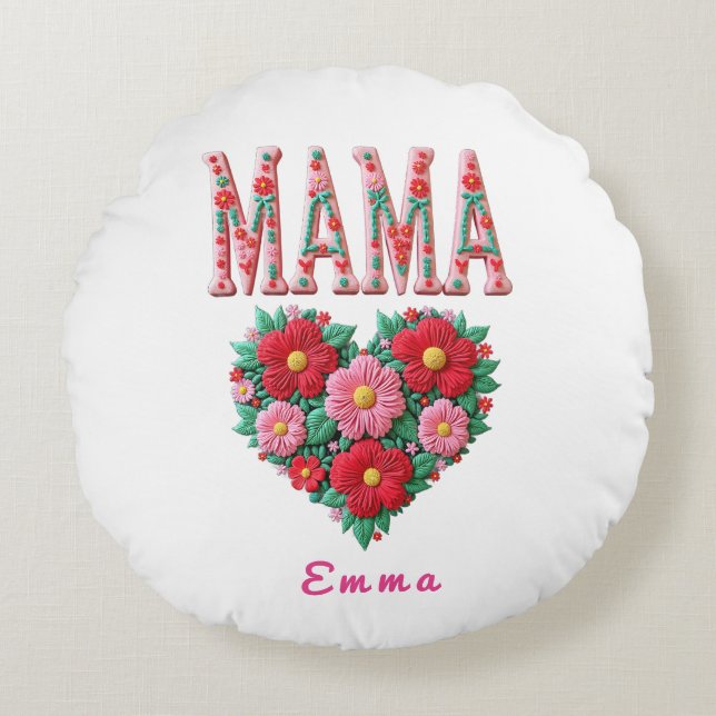 Personalized Mama Heart Floral Custom Gift Rundes Kissen (Vorderseite)