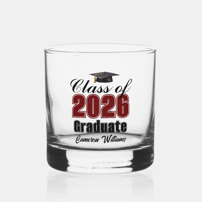 Personalized Maroon Black Class of 2026 Graduation Whiskyglas (Vorderseite)