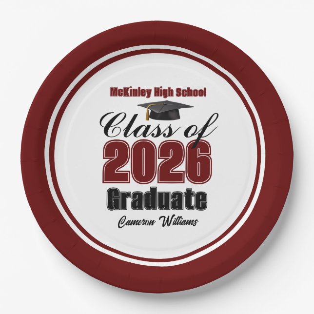 Personalized Maroon Class of 2026 Graduation Party Pappteller (Vorderseite)