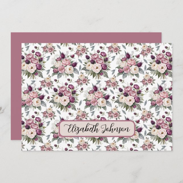Personalized Mauve Floral Botanical Note Card Mitteilungskarte (Vorne/Hinten)