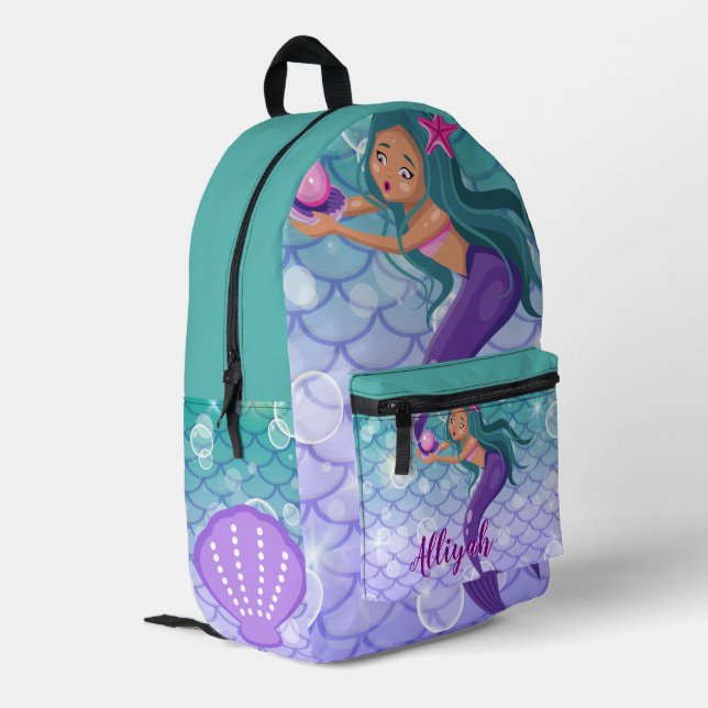 Personalized Mermaid Cyan Bedruckter Rucksack (Rückseitige Ecke links)