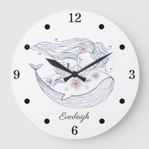 Personalized Mermaid Whale Girl's Nursery Große Wanduhr