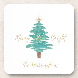 Personalized "Merry and Bright" Watercolor Tree Getränkeuntersetzer