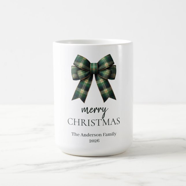 Personalized Merry Christmas | Green Plaid Bow Kaffeetasse (Mittel)