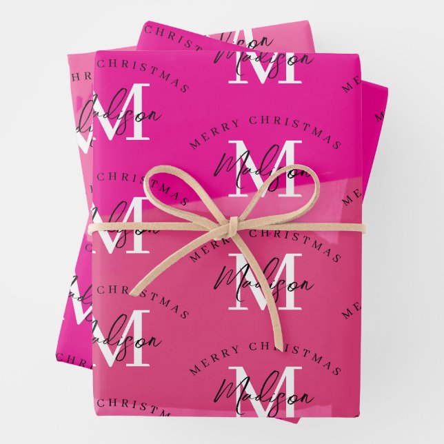 Personalized Merry Christmas Pink Paint Monogram  Geschenkpapier Set (Beispiel)