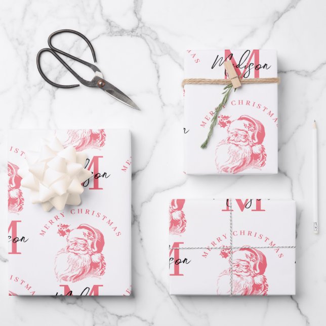 Personalized Merry Christmas Pink Santa Monogram Geschenkpapier Set (Vorderseite)