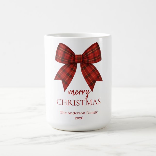 Personalized Merry Christmas | Red Plaid Bow Kaffeetasse (Mittel)