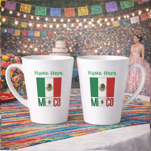 Personalized Mexico Flag Name Design Milchtasse (Personalized small latte mug has design on 2 sides. Mexican Flag, MEXICO below. Name added above.)