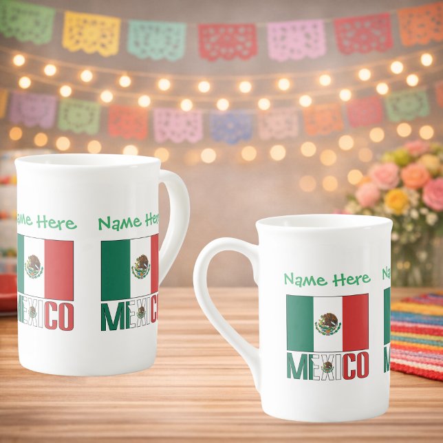 Personalized Mexico Flag Name Design Prozellantasse (Personalized bone china mug. Design on 3 sides. Mexican Flag, MEXICO in flag colors. Name above.)