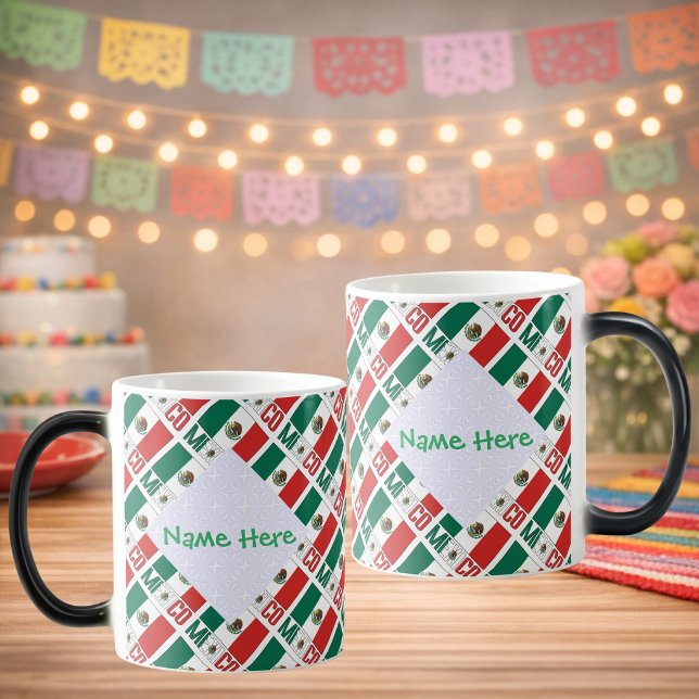 Personalized Mexico Flag Tiled Verwandlungstasse (Personalized morph mug with tiled Mexican flag, MEXICO below. White fractals hold name on two sides.)