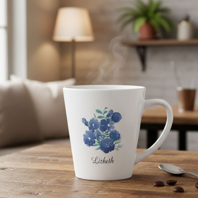 Personalized Midnight Bloom Blue Floral Latte Mug Milchtasse (Von Creator hochgeladen)