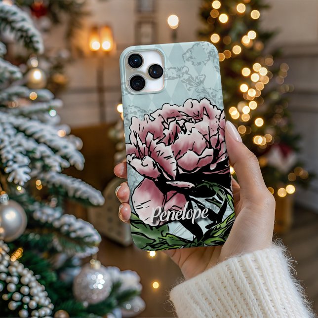 Personalized Mixed Media Peony - Phone Case iPhone Hülle (Personalize Your Tech! Add a custom name to this artistic phone case. It's the perfect unique gift!)