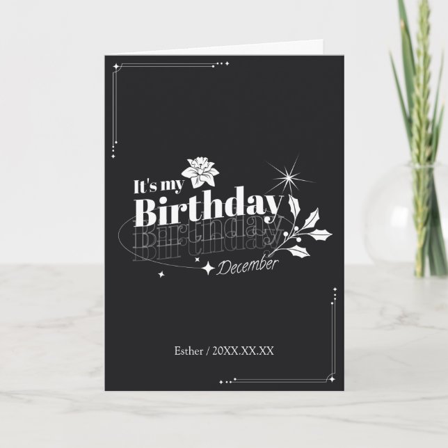 Personalized Modern Black Floral December Birthday Karte (Vorderseite)